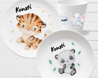 Children's tableware with name: Animals - Panda, Tiger, Elephant - personalized christening gift, Christmas gift for toddlers and babies
