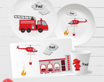 Personalized children's tableware with name: Firefighter - Gift for boys with fire truck & fire helicopter, birthday, Christmas
