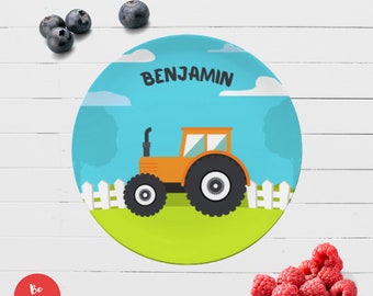 Children's plate personalized tractor - gift for baptism or school enrollment with name, outdoor & camping plate personalized