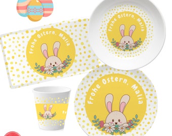 Children's tableware with name: Rabbit (yellow) - personalized children's gift, Easter tableware, personalized gift from the Easter Bunny