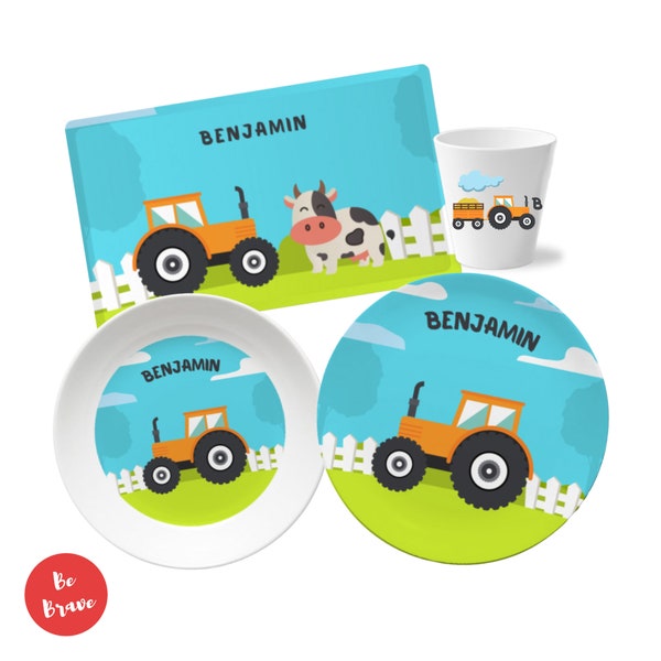 Kindergeschirr personalisiert: Traktor & Bauernhof - Ostergeschenk mit Namen, Taufgeschenk für Jungen und Mädchen