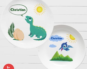 Dino children's plate personalized - dinosaur tableware with name, baptism gift