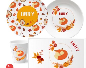Personalized children's tableware with name: fox in autumn