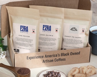 Black Owned Coffees Sampler Box, Gift Set, Medium & Dark Roasts, Blends, 3 piece-variety set, Minority Owned Coffees, Specialty Coffees