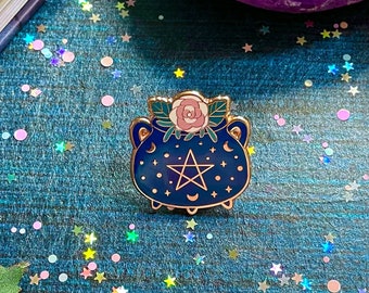 CAULDRON Hard Enamel Pin in Blue and Rose Gold, Lapel Pin Badge, Flower Pin, Goth Pin, Plant Witch, Wiccan Pin, Witchy Pin, Gift For Her