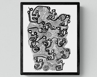 Black and White Decor, Detailed Art Print, Intricate Wall Art for Home, art by gay artist, Unique Wall Decor, Abstract Face Print
