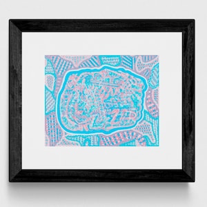 May include: A framed abstract art print with a blue, pink, and white design. The design features a central circle with a swirling pattern and a border of smaller circles.
