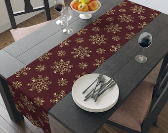 Christmas Table Runner (Cotton, Poly) Crimson Red Gold Snowflakes Table Runner Christmas Dining Decor Christmas Gift Table Runner