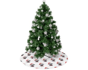 May include: A white Christmas tree skirt with a repeating pattern of Dalmatian dogs wearing Santa hats.