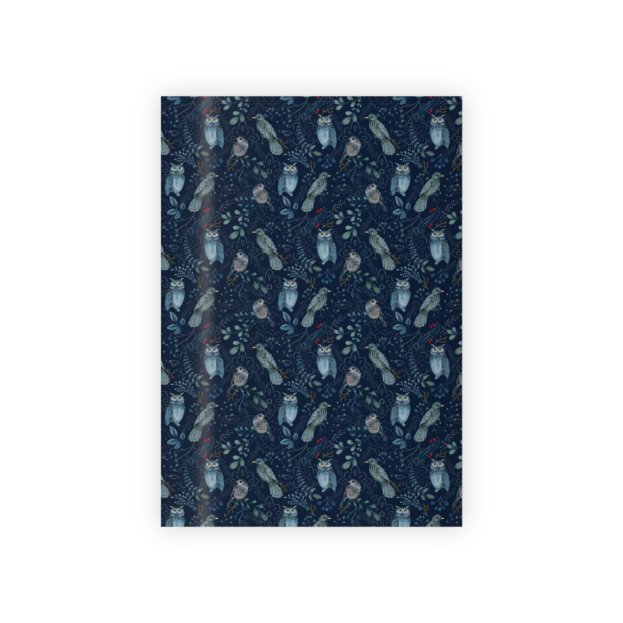 Owls and Foliage Pattern Gift Wrap Roll | Dark Blue Wrapping Paper