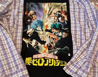 Upcycled My Hero Tshirt reworked with a combination plaid button down shirt.  Perfect for your My Hero Academia fan.
