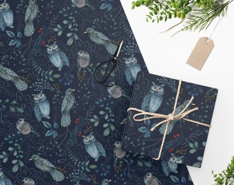 Owl Bird Wrapping Paper Botanical Floral Wrapping Paper Packages Present Vintage Wrapping Paper Dark Blue Botanical Christmas Gift Wrap