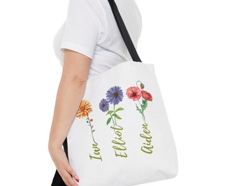 Birth Flower Grandparent Mom Child Name Gift Tote Bag (AOP)
