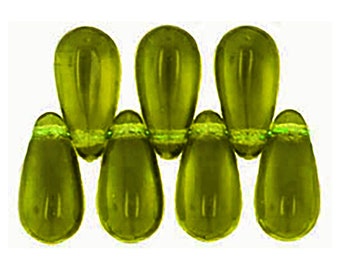 5 x 10mm Czech glass olivine green teardrop beads, olive green tear drop beads, green teardrop beads, 1 horizontal hole, 25, 50 or 100