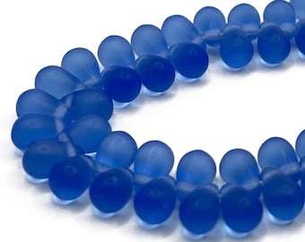 6 x 4mm czech glass matte sapphire blue teardrop beads matte finish, matte sapphire blue tear drop beads, 1 horizontal hole, 25, 50 or 100