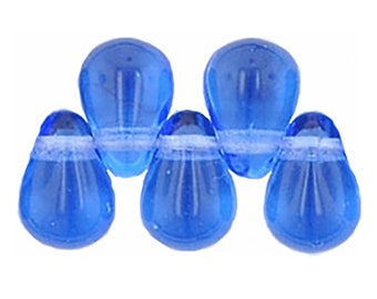 6 x 4mm czech glass sapphire blue teardrop beads, sapphire blue tear drop beads, blue teardrops, 1 horizontal hole, 25, 50 or 100