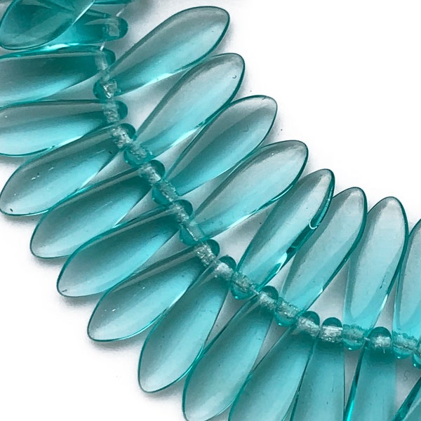 5 x 16mm, Czech glass dagger beads, fringe beads, petal beads, transparent teal blue green, 1 horizontal hole, 25, 50 or 100