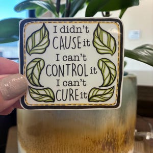 May include: A square sticker with a black border and the text "I didn't CAUSE it, I can't CONTROL it, I can't CURE it." The sticker has four green and white leaf illustrations. The sticker is held in front of a potted plant.