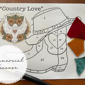 COMMERCIAL Country Love Stained Glass Pattern. Suncatcher Pattern. Boots and Heart Pattern. Digital Download.