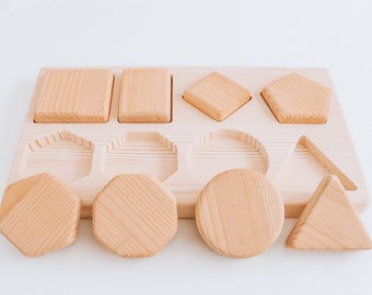 Natural Wooden Shapes Learning Chunky Puzzle - for babies and toddlers - Montessori toys