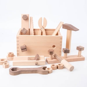 Wooden Toy Tool Set Box - Toddlers, natural wood, Montessori educational gift