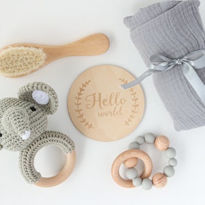 Baby Gift Set - Elephant - Crochet Wooden Rattle, Swaddle, Babyshower Gift