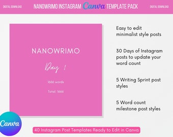 40 NaNoWriMo Writer Instagram X Pinterest Social Media Canva Template | Instagram Templates | Daily Word Tracker