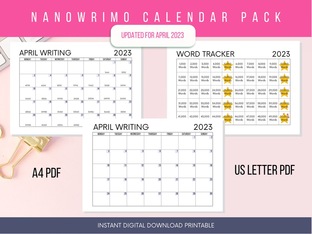 Nanowrimo Calendar Pack With Word Count Tracker Instant Download of A4