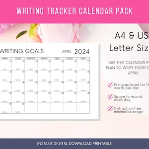 Paquete de calendario de escritura actualizado para abril de 2024 con seguimiento de recuento de palabras / Descarga instantánea de PDF A4 y carta estadounidense / Imprimible