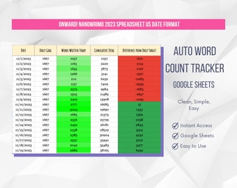 NaNoWriMo Word Count Tracker - Onward! - Digital Spreadsheet for Writers Google Sheets US Date Format