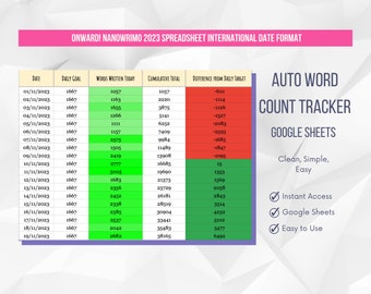 NaNoWriMo Word Count Tracker - Onward! - Digital Spreadsheet for Writers Google Sheets International Date Format