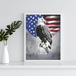 Puede incluir: Una impresión enmarcada que presenta un águila calva con la bandera estadounidense de fondo. La ilustración es en blanco, negro y gris, con el texto "Old Abe" en la parte inferior. Se ven las estrellas y rayas de la bandera.