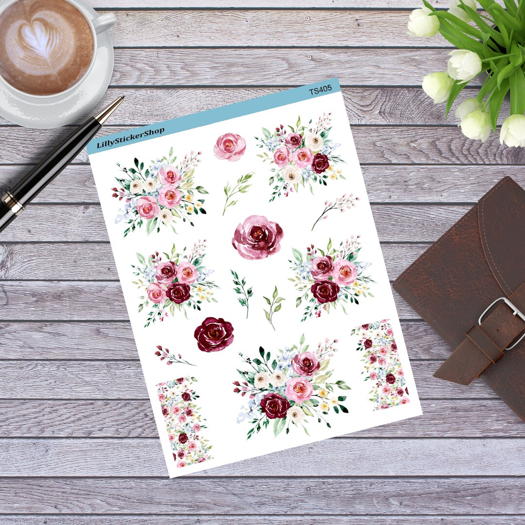 Watercolor Roses Flower Planner Sticker Sheet Decorative Stickers Happy ...