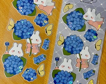 Stickervel met konijntjes en hortensia's