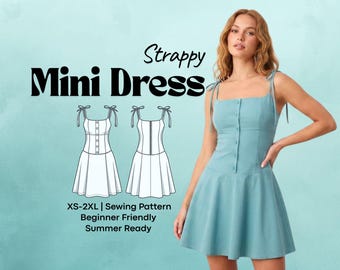 Patrón de minivestido con tirantes, patrón de costura para vestido de verano con tirantes anudados, tallas XS-2XL, apto para principiantes, descarga digital.