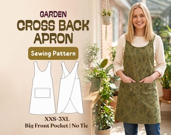 Garden Cross Back Apron Sewing Pattern PDF, Round Neck Japanese Style Apron XXS-3XL