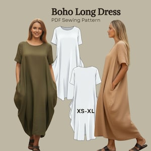 Boho Long Dress Sewing Pattern, Loose Fit Maxi Dress, Oversized Dress with Pockets, PDF Digital Download, XS–XL