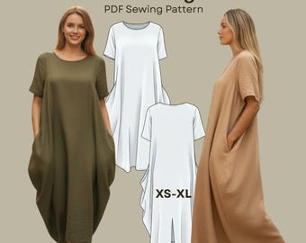 Boho Long Dress Sewing Pattern, Loose Fit Maxi Dress, Oversized Dress with Pockets, PDF Digital Download, XS–XL