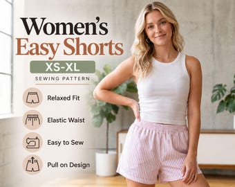 Einfaches Schnittmuster für Damen-Shorts mit hohem Bund, elastischer Bund zum Hineinschlüpfen, Größen XS-XL