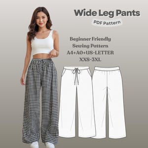 Puede incluir: Una mujer con pantalones de pernera ancha a cuadros blancos y negros y un top corto blanco. La imagen también presenta un dibujo lineal de pantalones de pernera ancha y el texto: "Wide Leg Pants PDF Pattern, Beginner Friendly Sewing Pattern, A4+A0+US-LETTER, XXS-3XL."