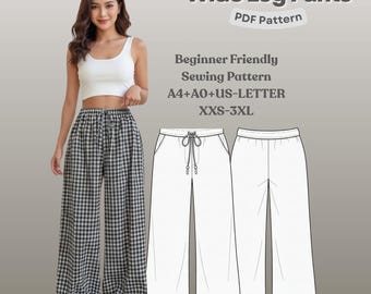 Wide Leg Pants Sewing Pattern PDF, Elastic Waist Drawstring Trousers, Loose Fit Pants with Pockets