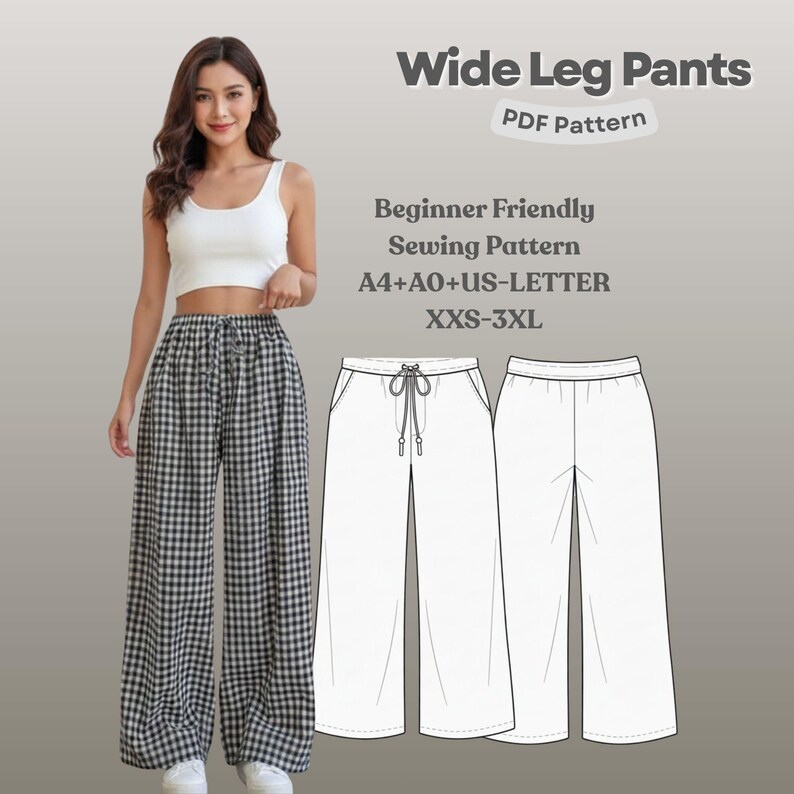 Wide Leg Pants Sewing Pattern PDF, Elastic Waist Drawstring Trousers ...