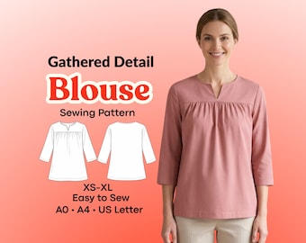 Patrón PDF de blusa con escote en V, ideal para principiantes, con fruncido frontal, tallas XS–XL, corte relajado.