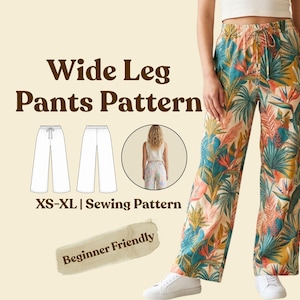 May include: Wide leg trousers sewing pattern with text Wide Leg Pants Pattern, XS-XL | Sewing Pattern, and Beginner Friendly. The trousers feature a tropical print with green, orange, and yellow foliage on a light background, an elastic waistband, and a drawstring.