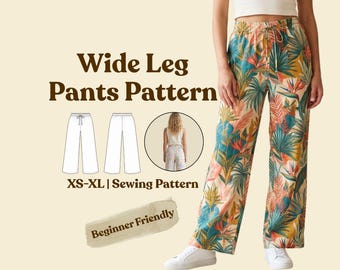 Wide Leg Pants Sewing Pattern PDF , Women's Drawstring Pull On Summer Trousers XS-XL