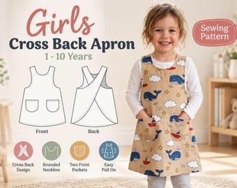 Nähschnittmuster für eine Mädchen-Schürze mit gekreuztem Rückenausschnitt, Kleinkind-Schürzenkleid mit Taschen (1-10 Jahre)