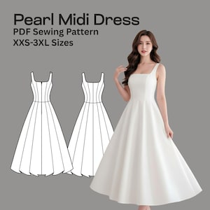 Puede incluir: Un vestido midi blanco con escote cuadrado y falda acampanada. La imagen también presenta un dibujo lineal del vestido y el texto "Pearl Midi Dress PDF Sewing Pattern XXS-3XL Sizes".