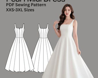 Pearl Midi Dress Sewing Pattern PDF, Princess Seam Dress (Digital Download)