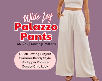Patrón de costura en PDF para pantalones palazzo de pierna ancha, pantalones holgados con cintura elástica y bolsillos.