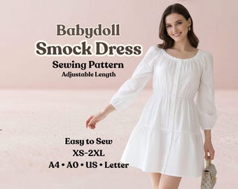 Babydoll Smock Dress Sewing Pattern, Adjustable Length, Easy Sew (PDF Download)